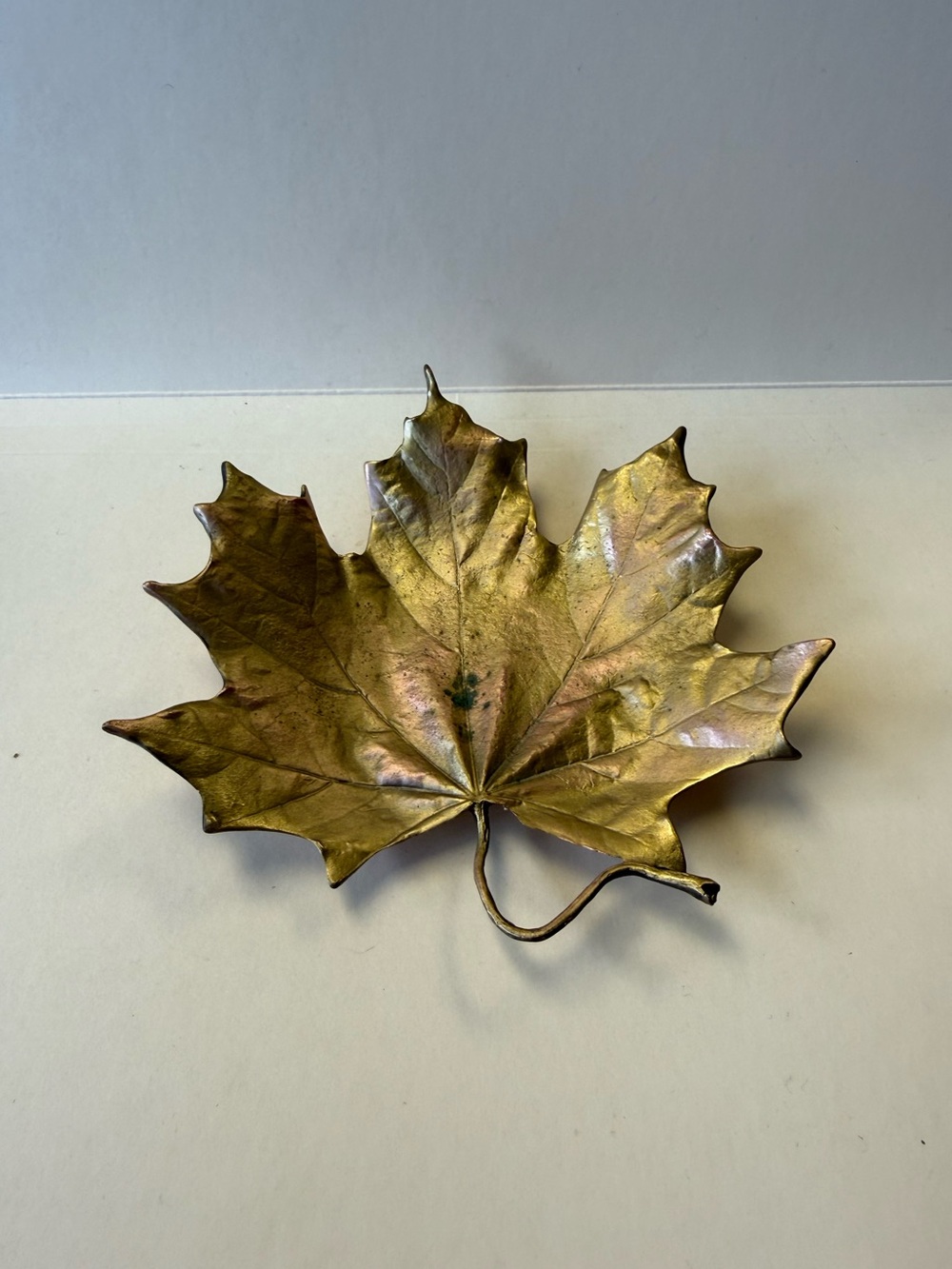 Heavy Bronze Maple Leaf Decorative Dish Covered in Gold Signed Table Art.